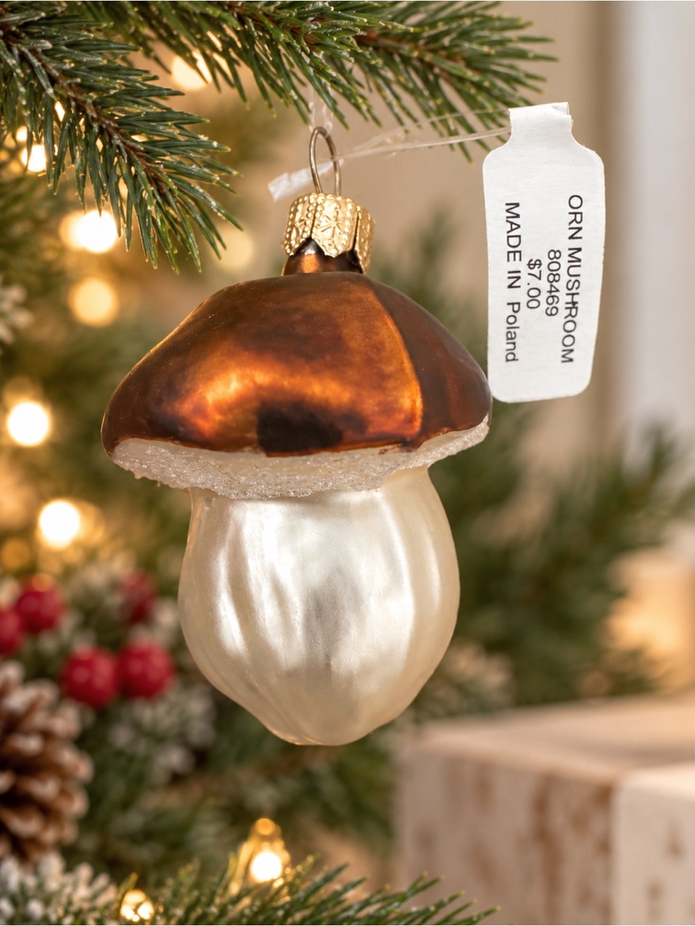 Beautiful Sur La Table glass mushroom Christmas ornament, item #808469, Poland